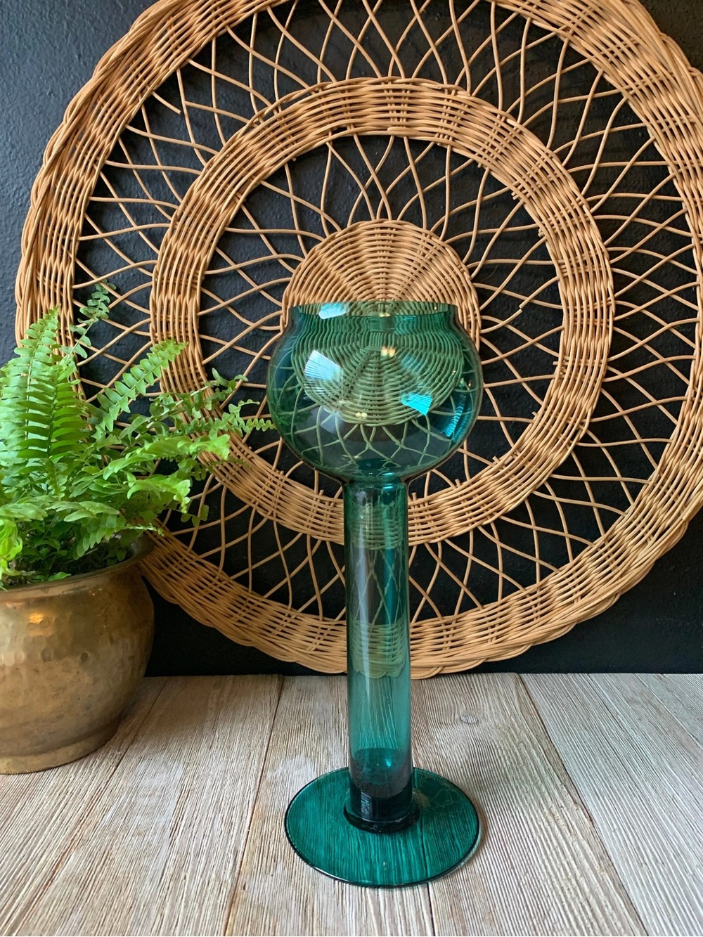 Vintage Green Glass Votive Holder, Pedestal Candleholder 10”